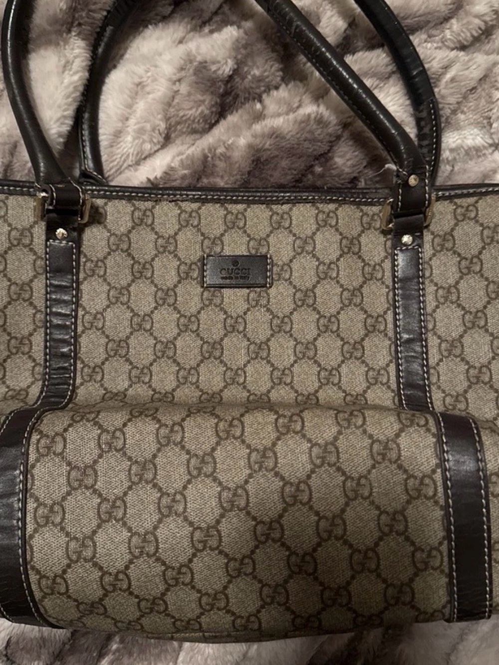 Gucci Beige GG Canvas Tote with Dark Brown Leather Trim